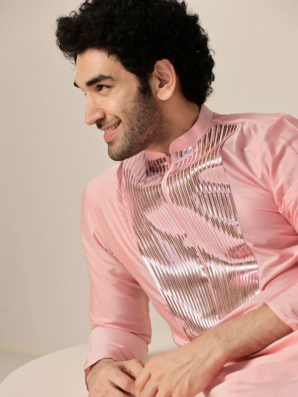 Baby Pink Satin Metallic Panel Kurta