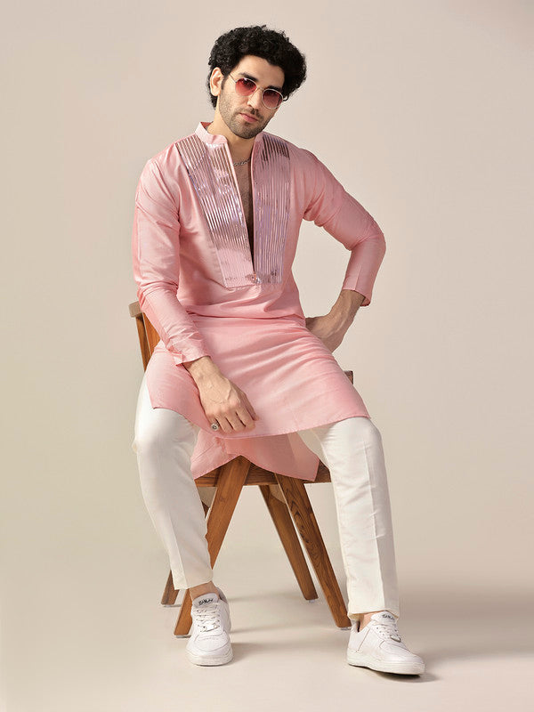 Baby Pink Satin Metallic Panel Kurta