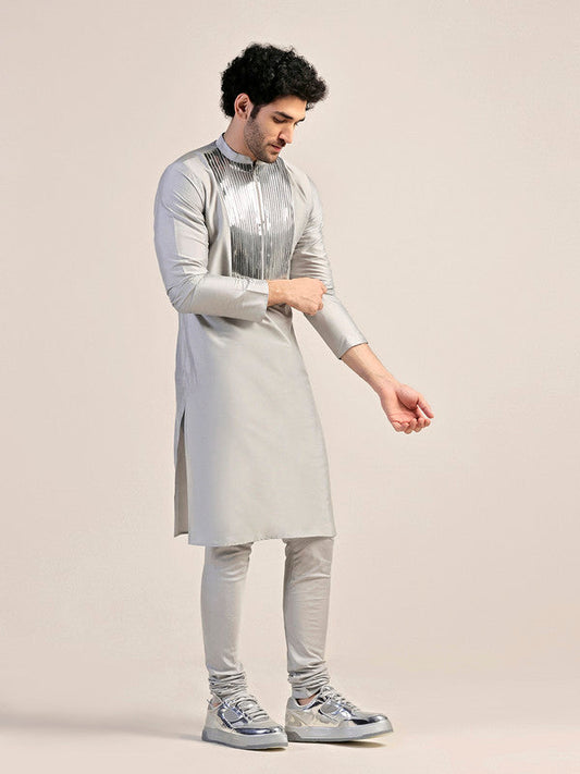 Silver Satin Metallic Panel Kurta