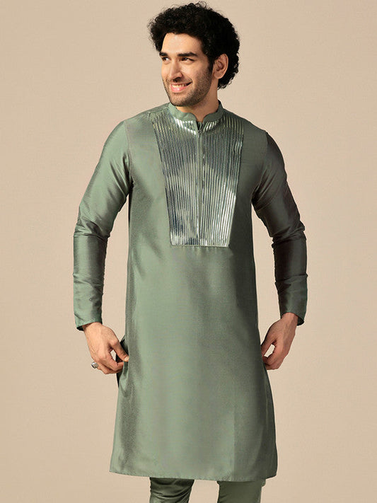 Green Silk Metallic Embellished Long Kurta