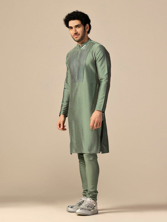 Green Silk Metallic Embellished Long Kurta