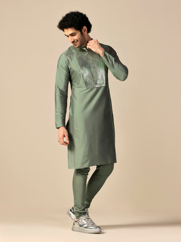 Green Silk Metallic Embellished Long Kurta