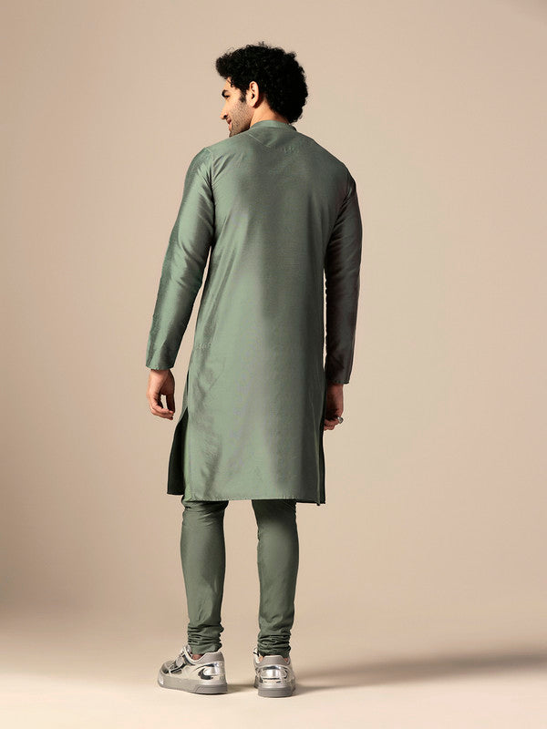 Green Silk Metallic Embellished Long Kurta