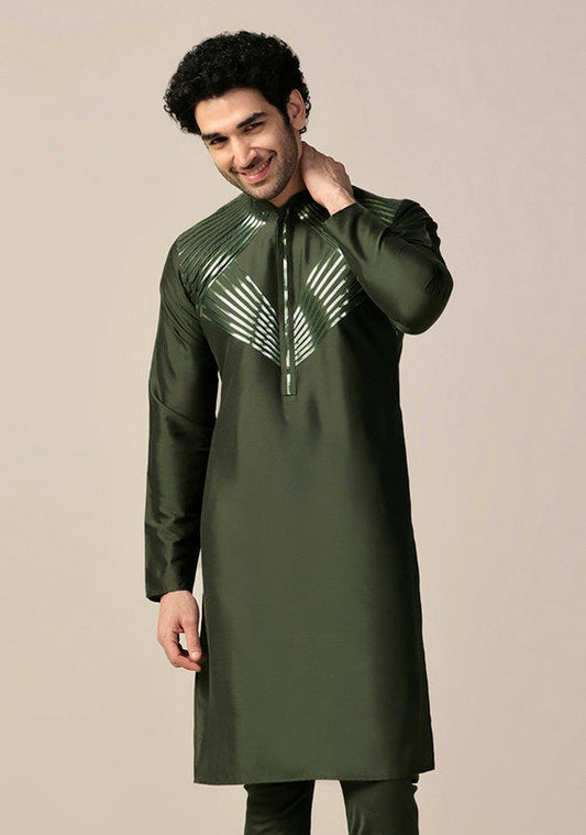 Green Silk Metallic Embellished Long Kurta