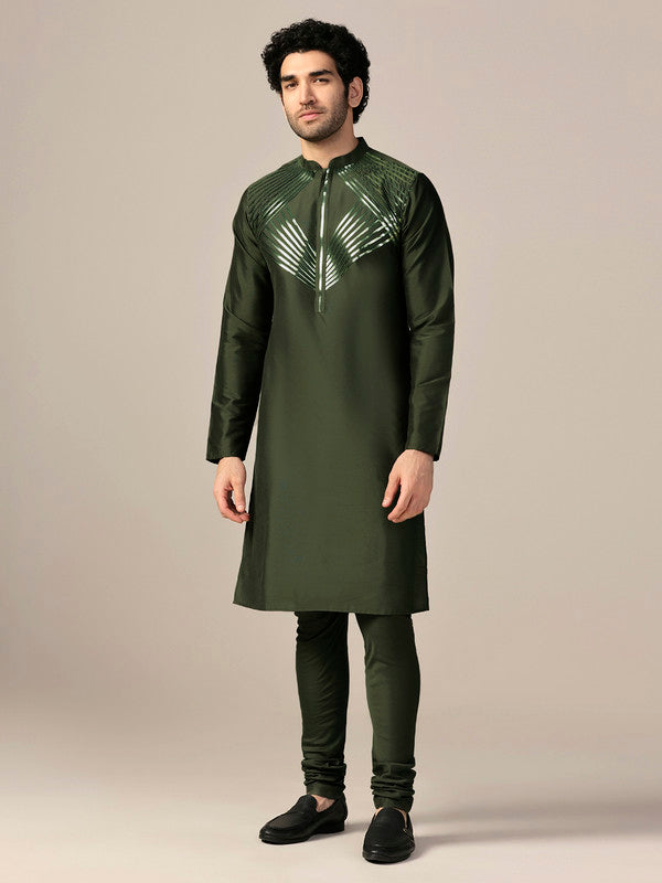 Green Silk Metallic Embellished Long Kurta