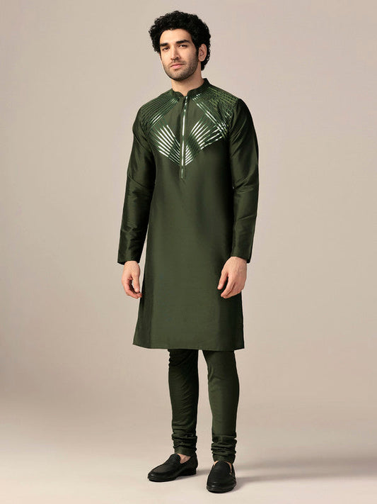 Green Silk Metallic Embellished Long Kurta