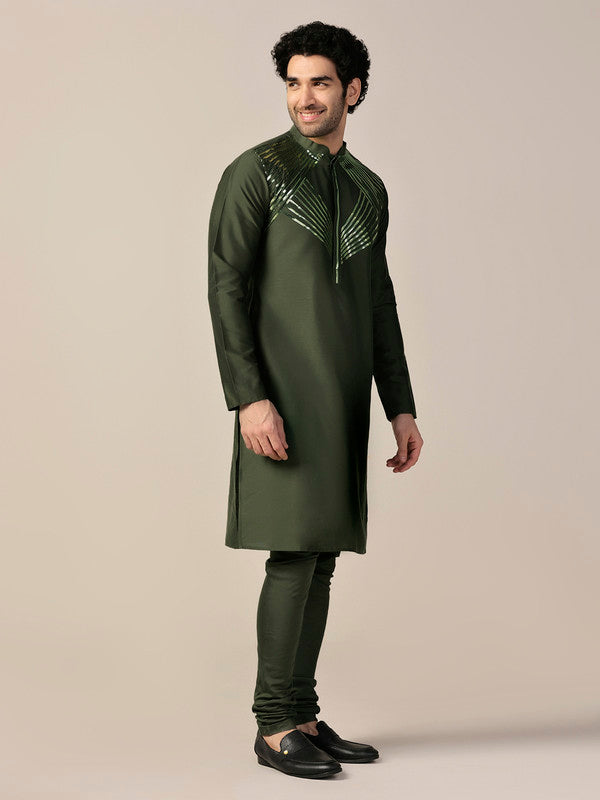 Green Silk Metallic Embellished Long Kurta