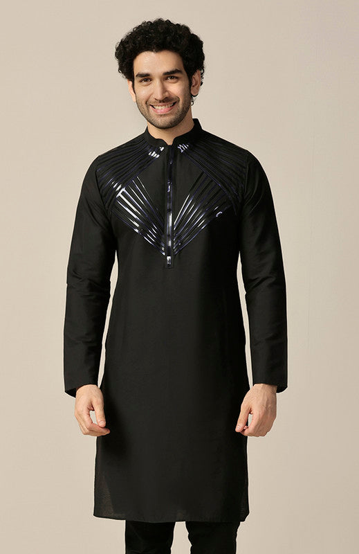Black Silk Metallic Geometric Long Kurta