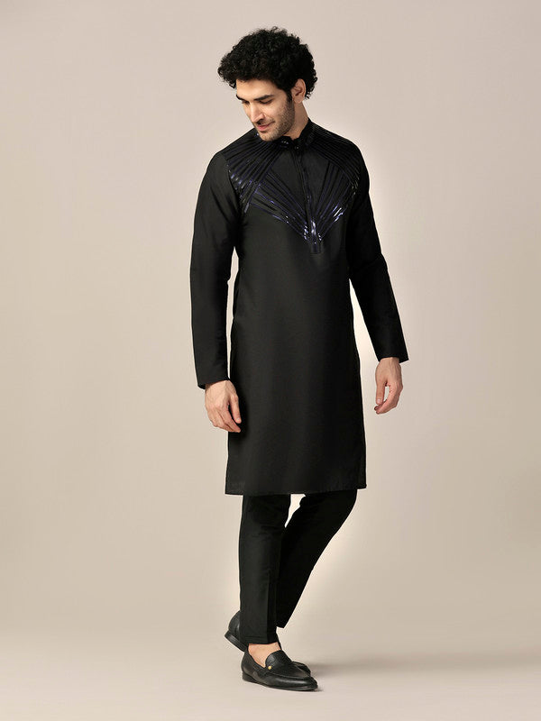 Black Silk Metallic Geometric Long Kurta