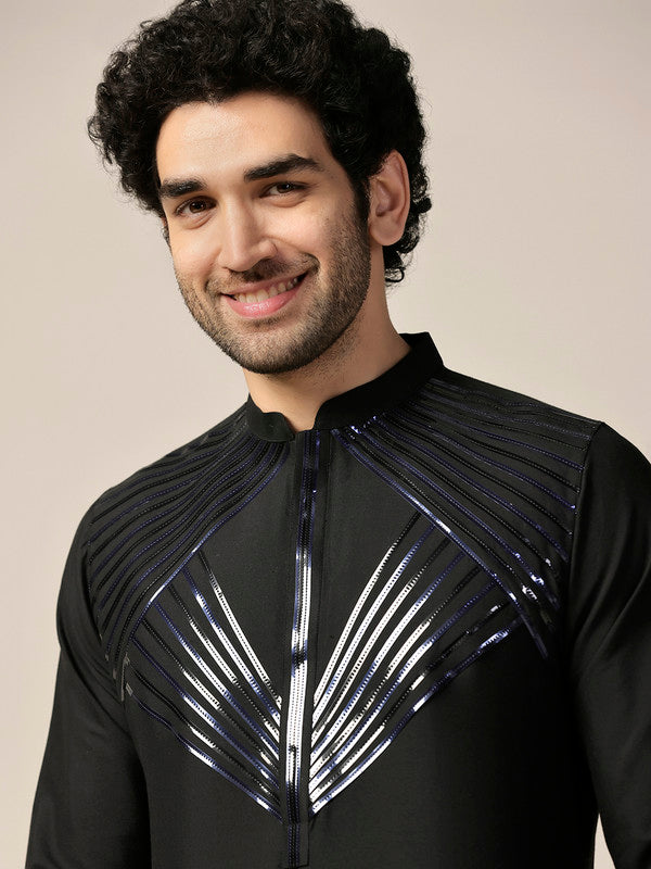 Black Silk Metallic Geometric Long Kurta