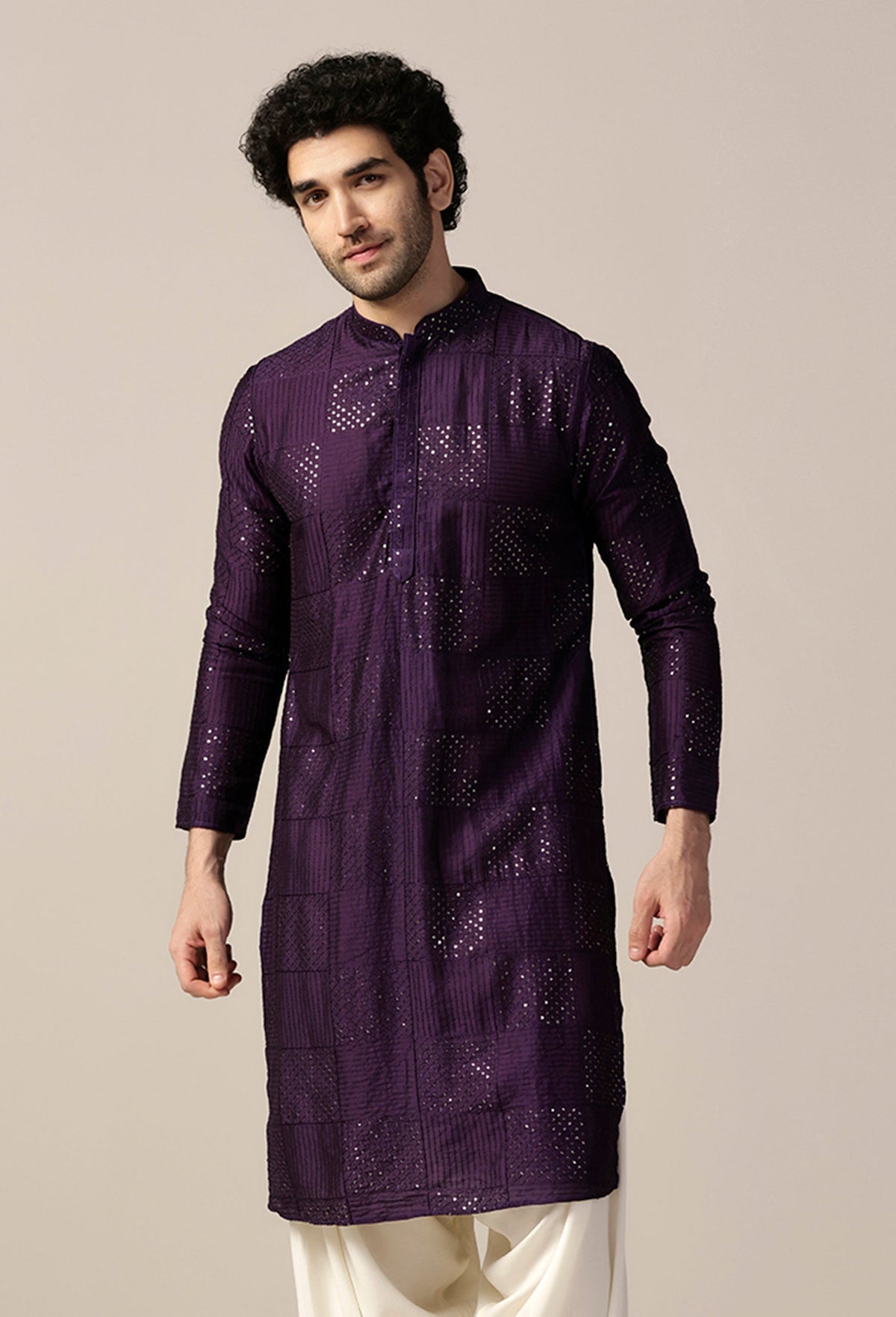 Purple Art Silk Mirror Work Long Kurta