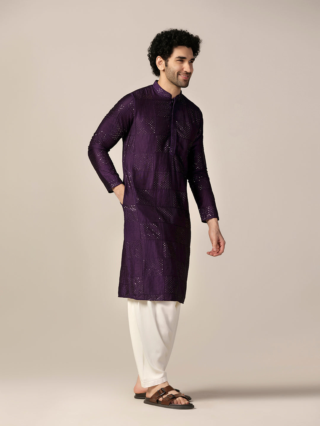 Purple Art Silk Mirror Work Long Kurta