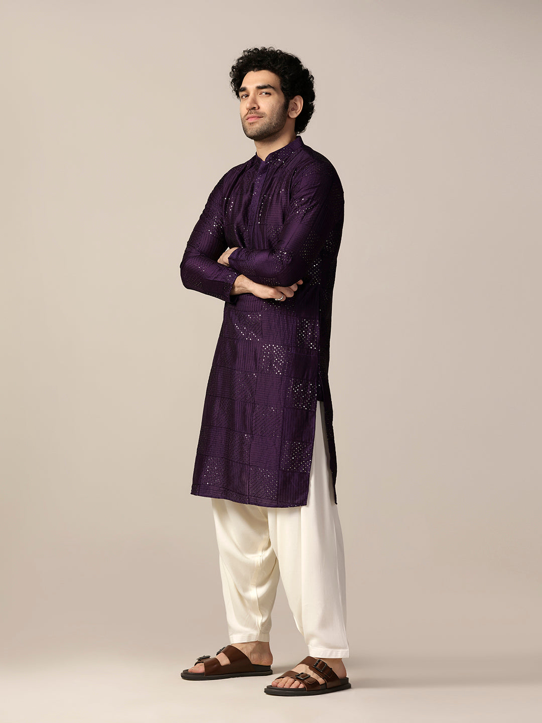 Purple Art Silk Mirror Work Long Kurta