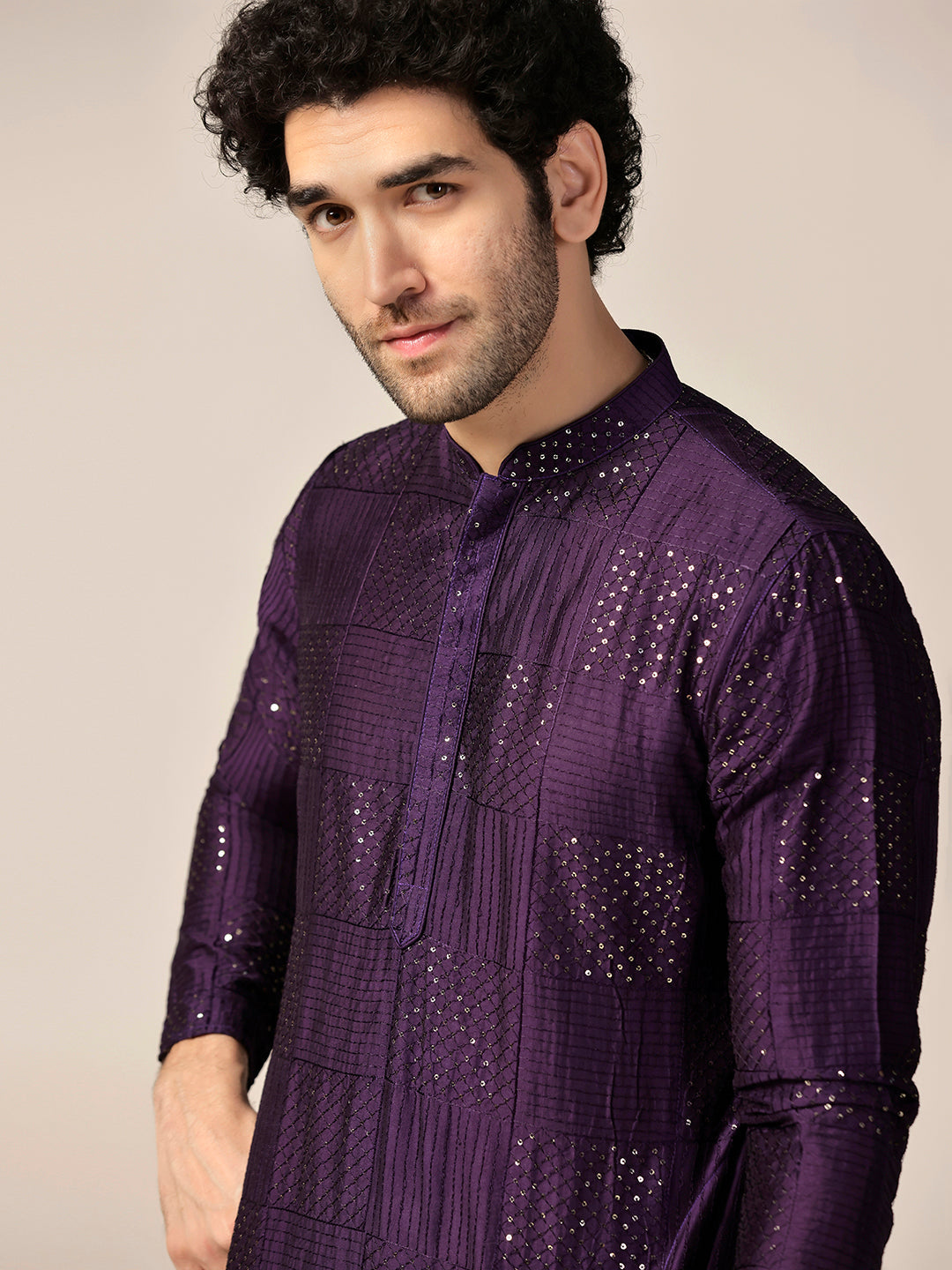 Purple Art Silk Mirror Work Long Kurta