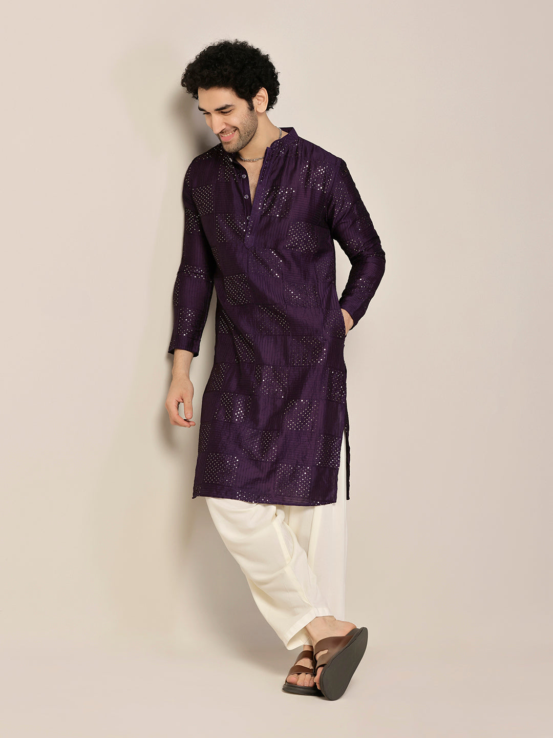 Purple Art Silk Mirror Work Long Kurta