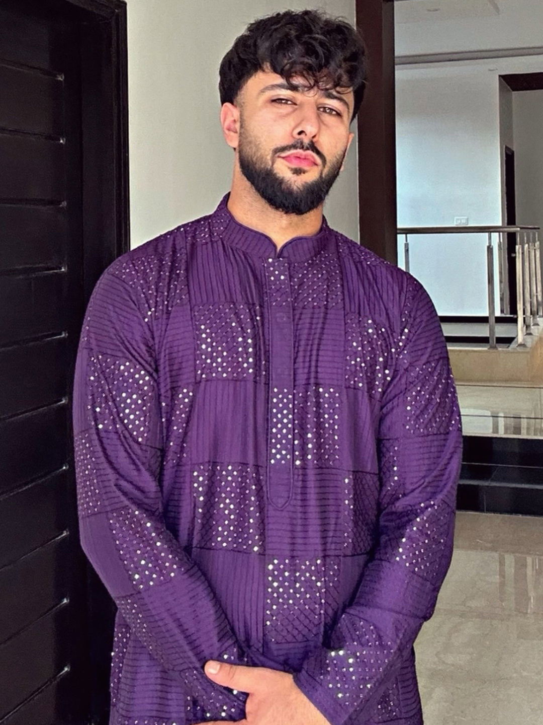 Purple Art Silk Mirror Work Long Kurta