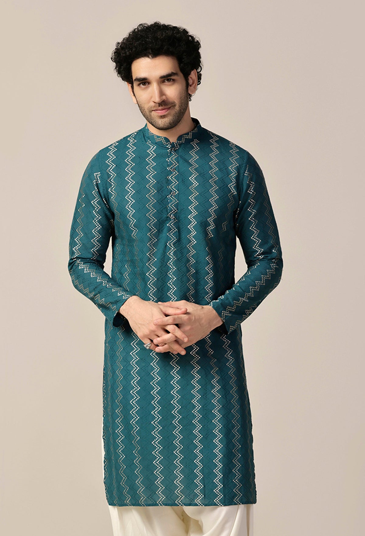Teal Green Art Silk Geometric Long Kurta