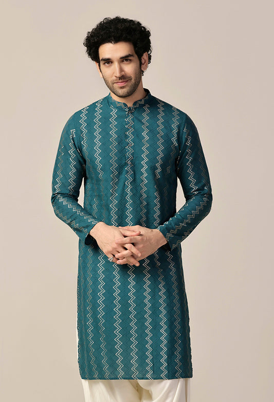 Teal Green Art Silk Geometric Long Kurta