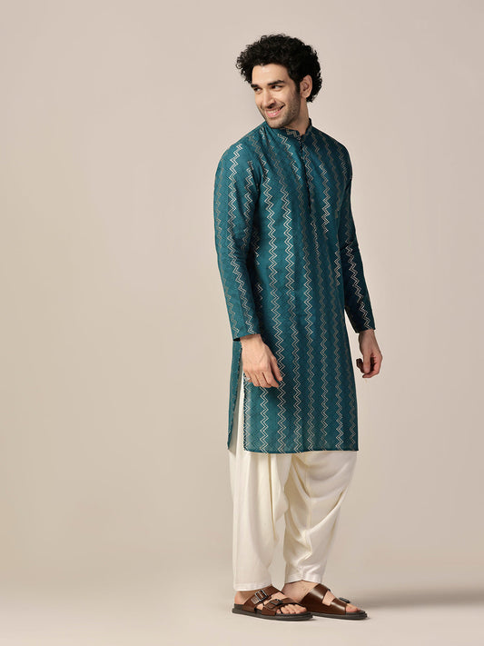 Teal Green Art Silk Geometric Long Kurta