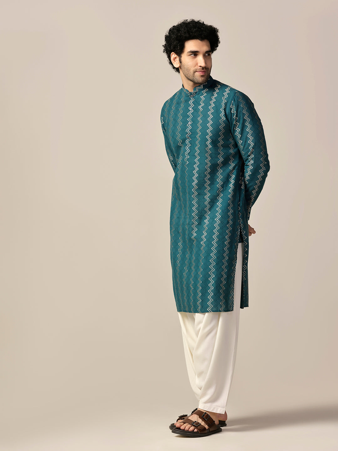 Teal Green Art Silk Geometric Long Kurta