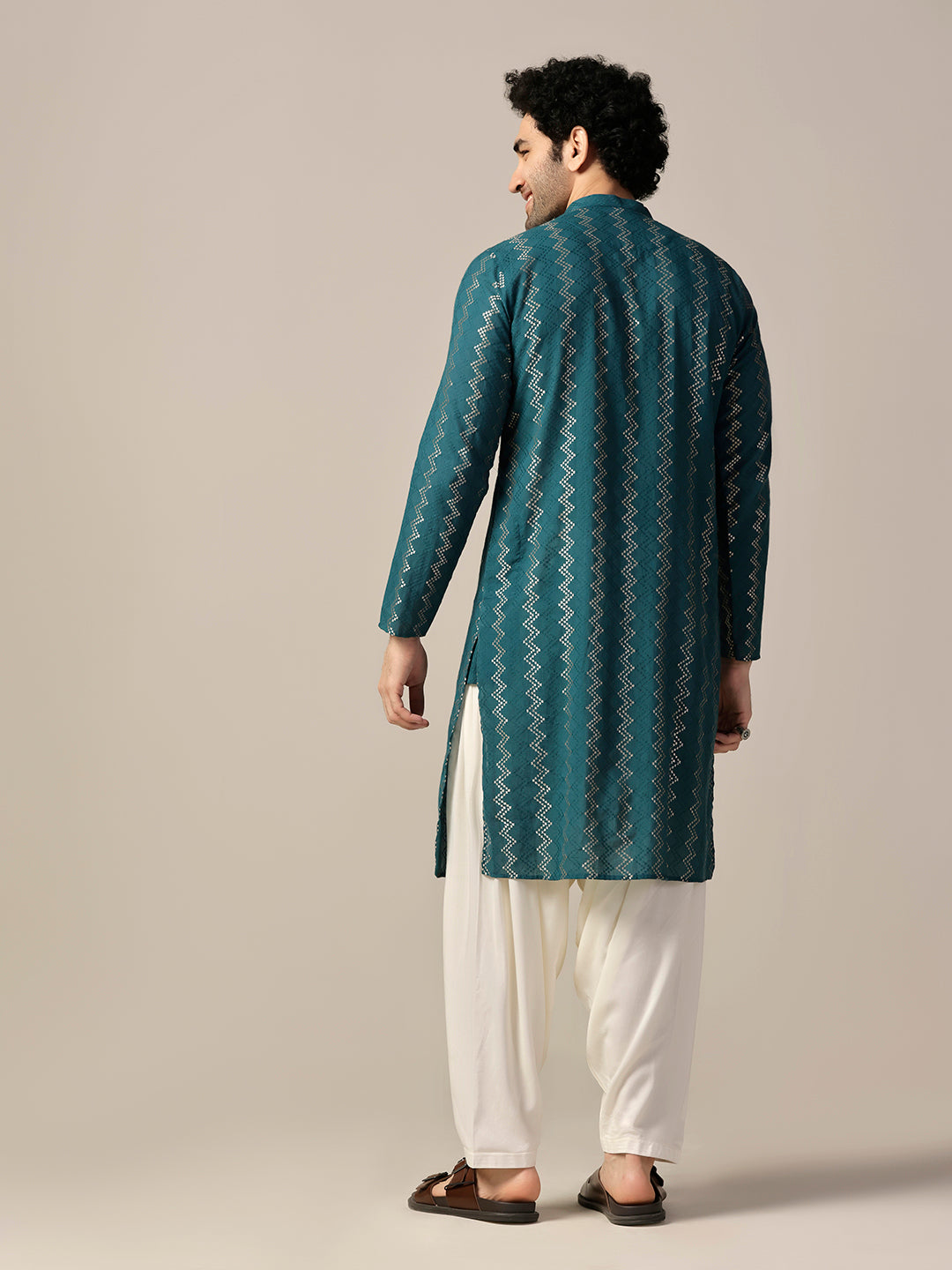 Teal Green Art Silk Geometric Long Kurta