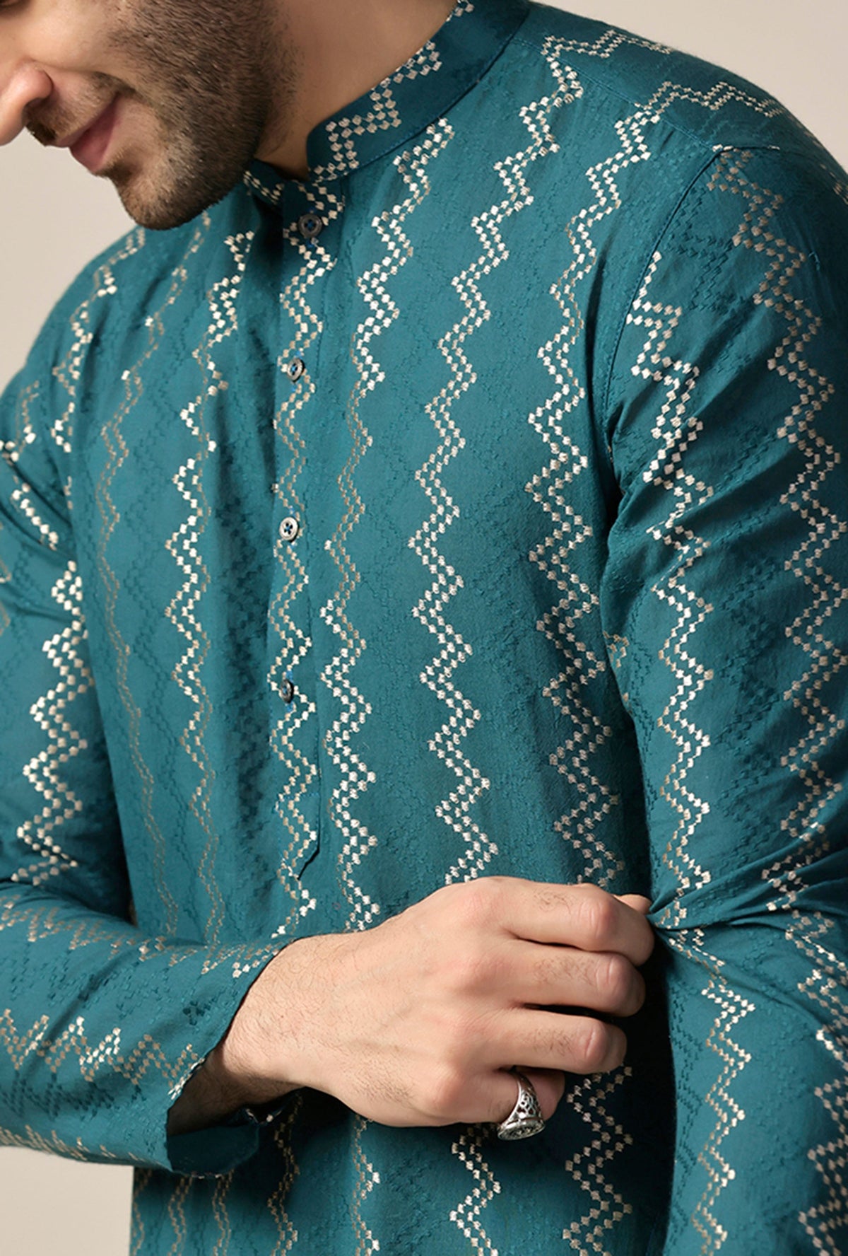 Teal Green Art Silk Geometric Long Kurta