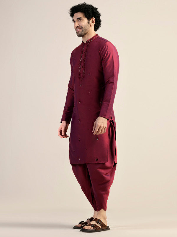 Maroon Embroidered Silk Blend Kurta