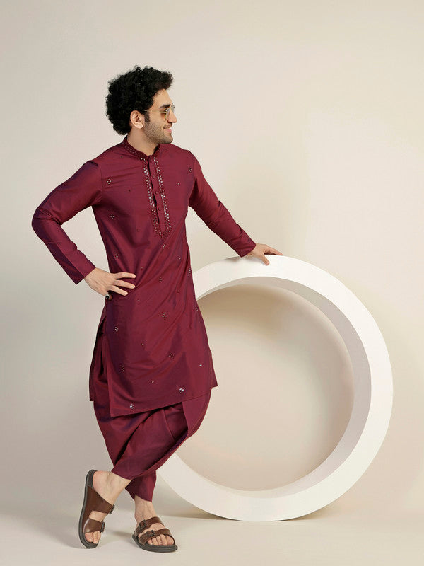 Maroon Embroidered Silk Blend Kurta