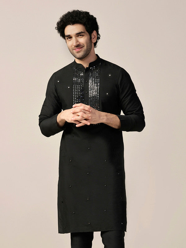 Black Silk Blend Mirror Work Kurta