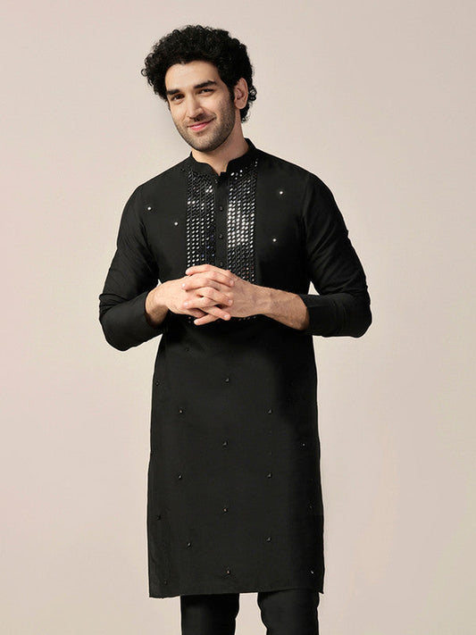 Black Silk Blend Mirror Work Kurta