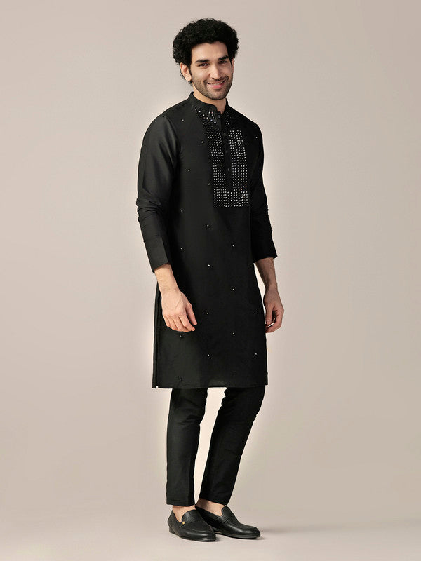 Black Silk Blend Mirror Work Kurta