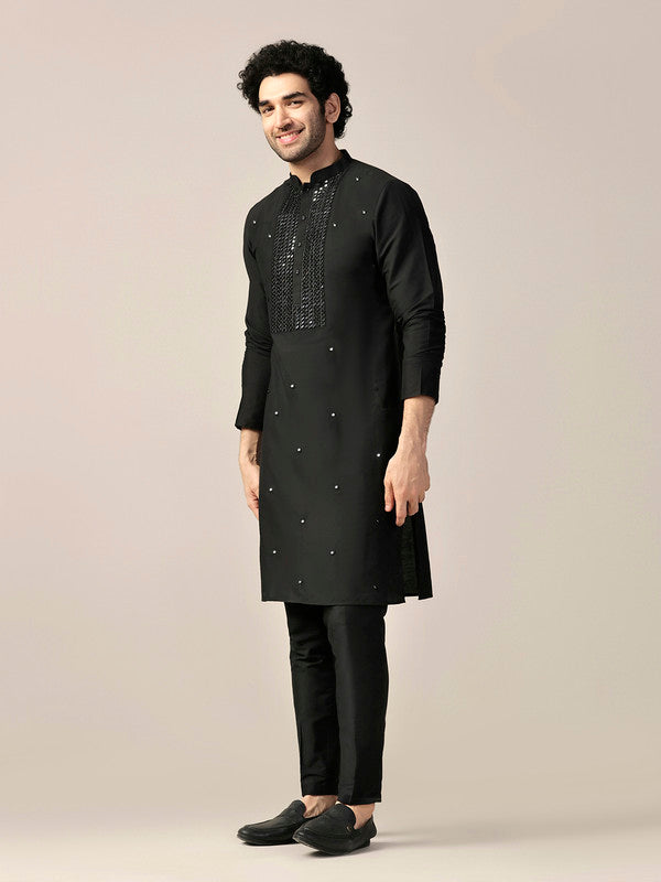 Black Silk Blend Mirror Work Kurta