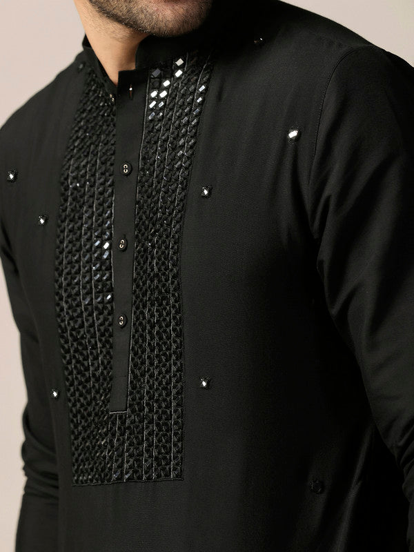 Black Silk Blend Mirror Work Kurta