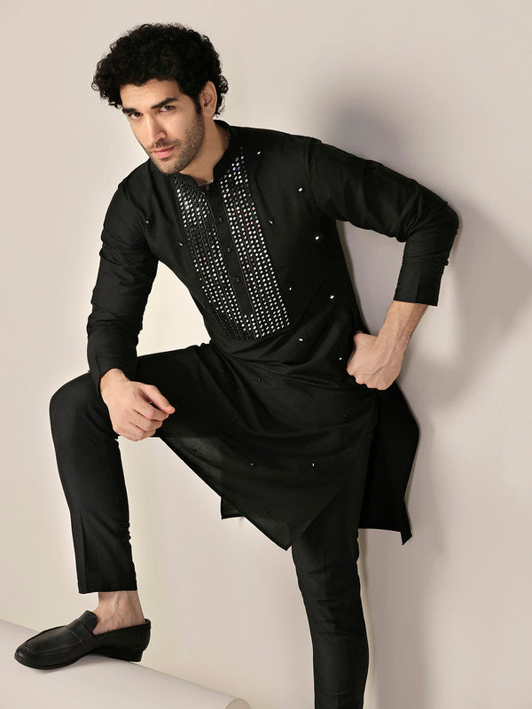 Black Silk Blend Mirror Work Kurta