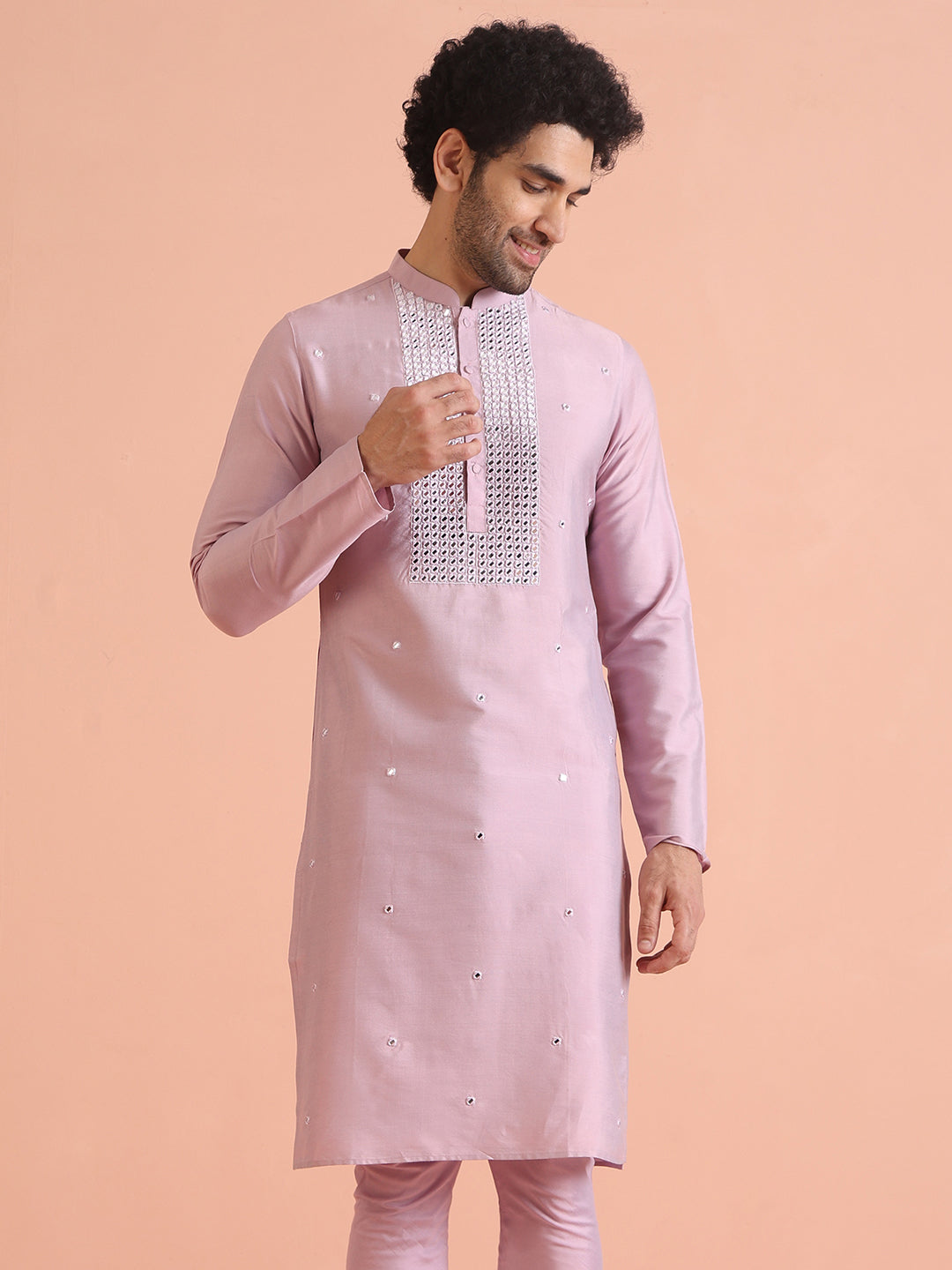 Pink Silk Blend Embroidered Long Kurta