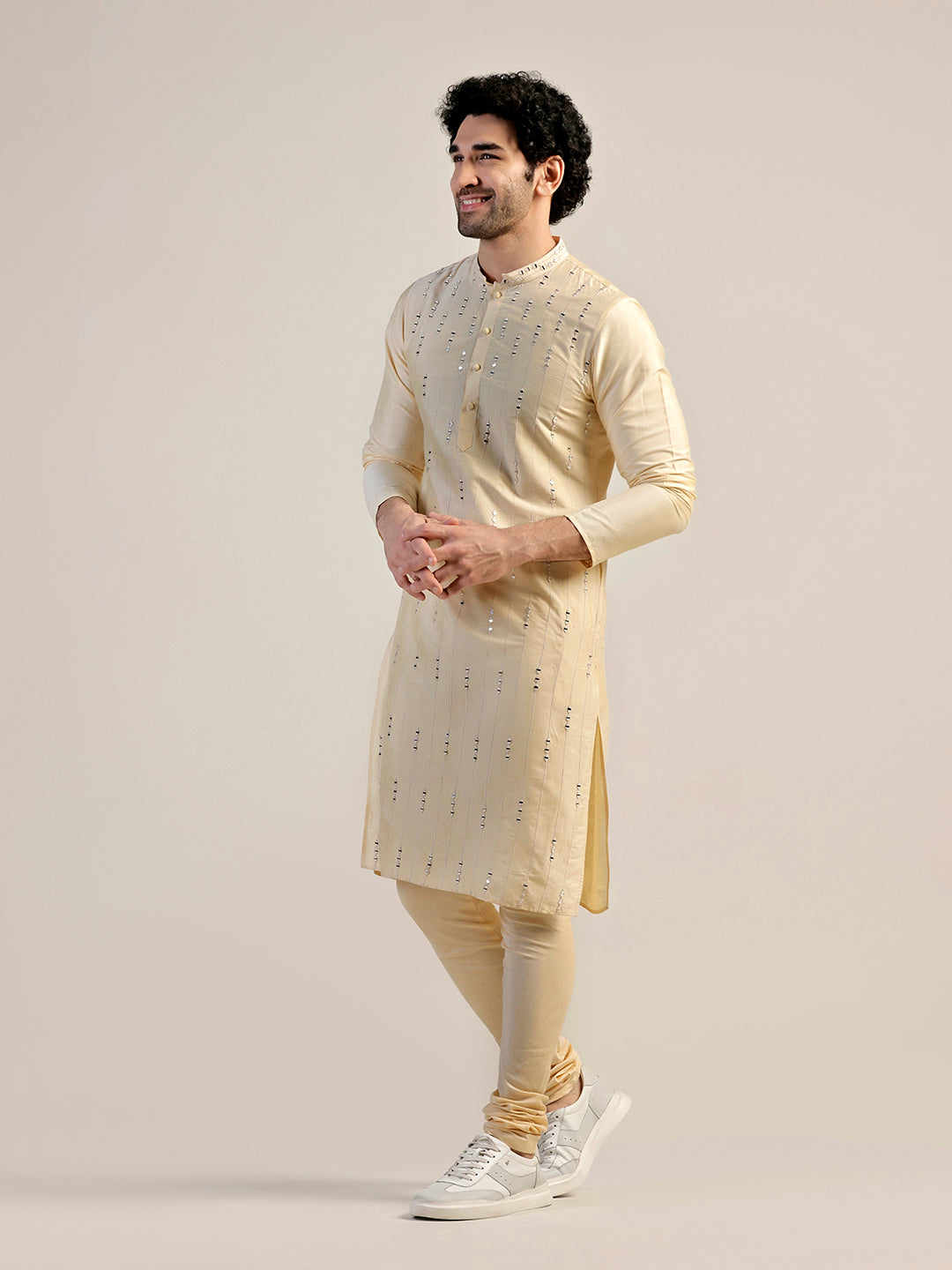 Cream Silk Blend Sequinned Kurta