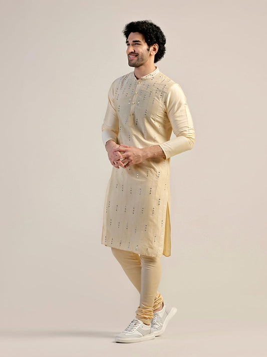 Cream Silk Blend Sequinned Kurta