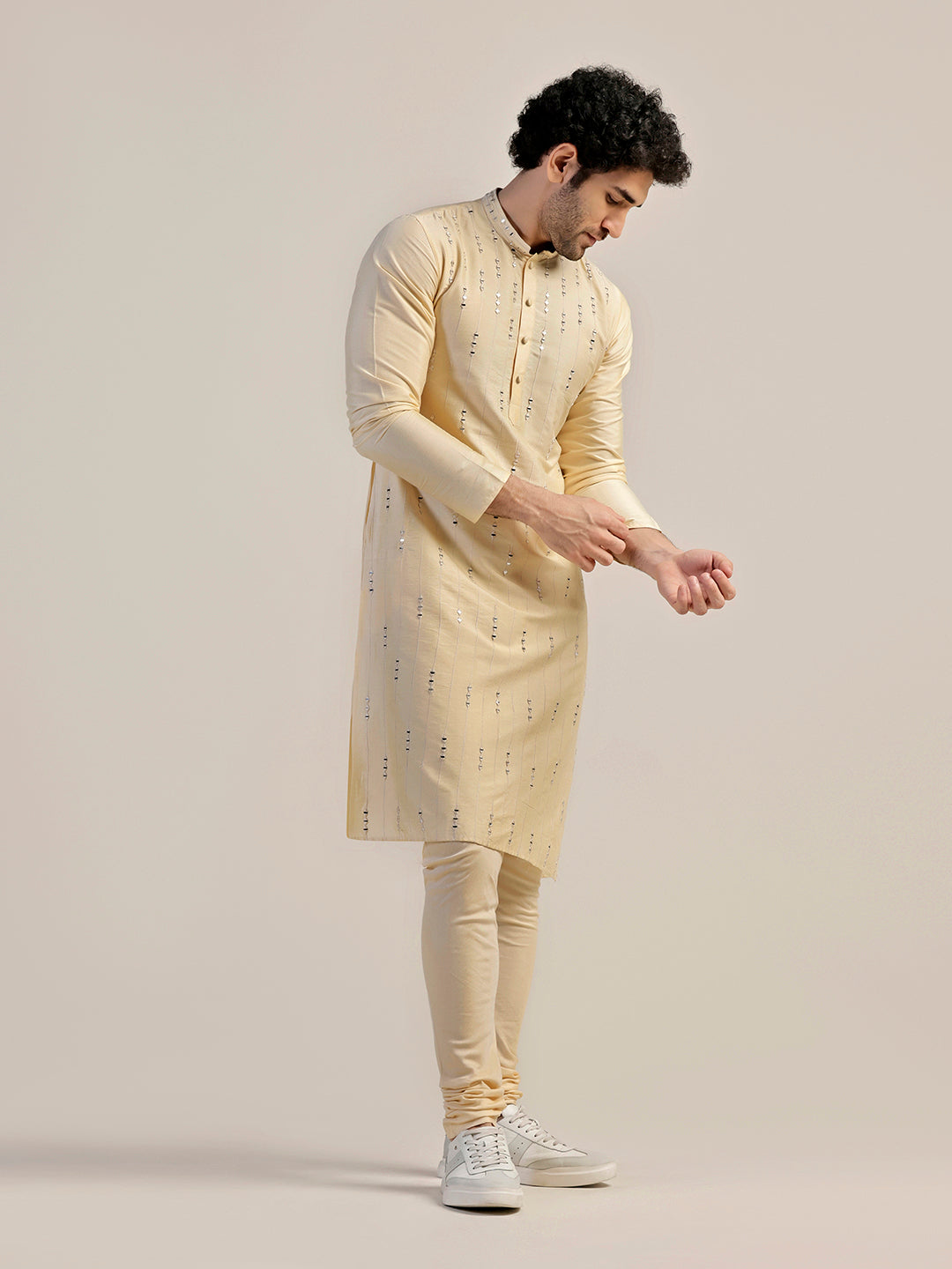 Cream Silk Blend Sequinned Kurta