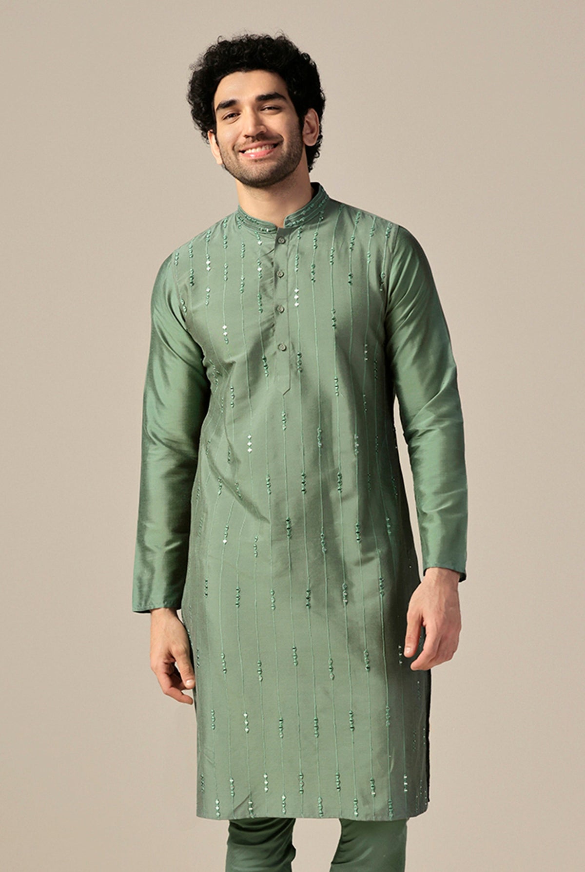 Green Silk Blend Mirror Work Long Kurta