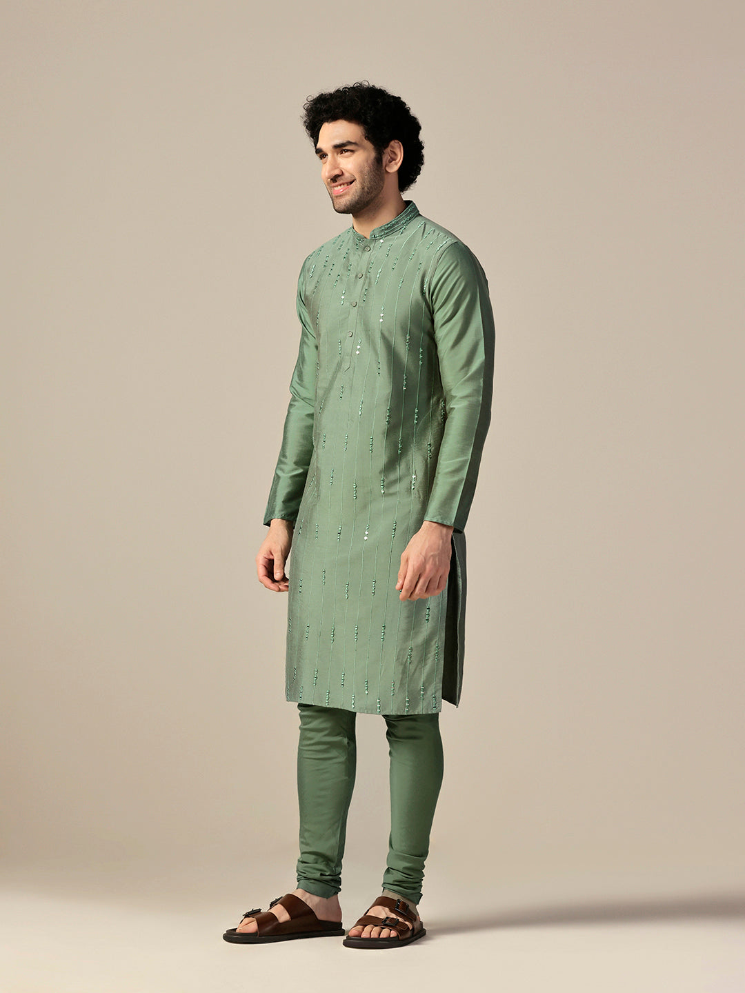 Green Silk Blend Mirror Work Long Kurta