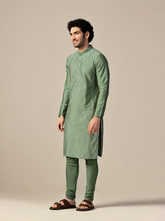 Green Silk Blend Mirror Work Long Kurta