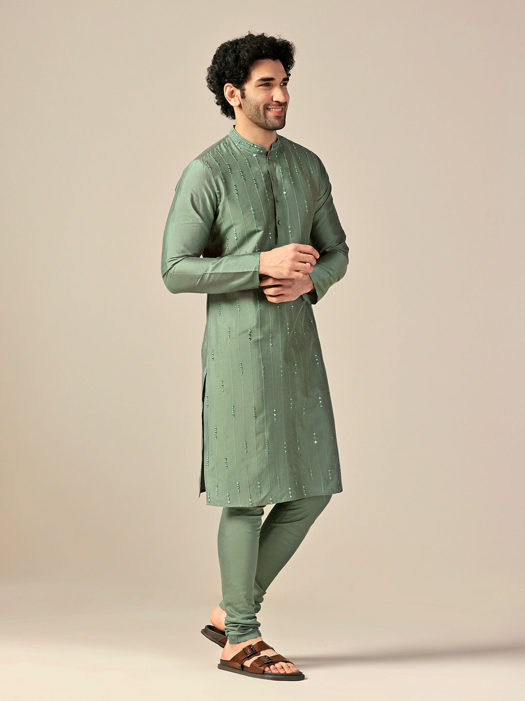 Green Silk Blend Mirror Work Long Kurta