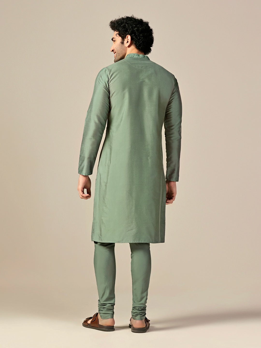 Green Silk Blend Mirror Work Long Kurta