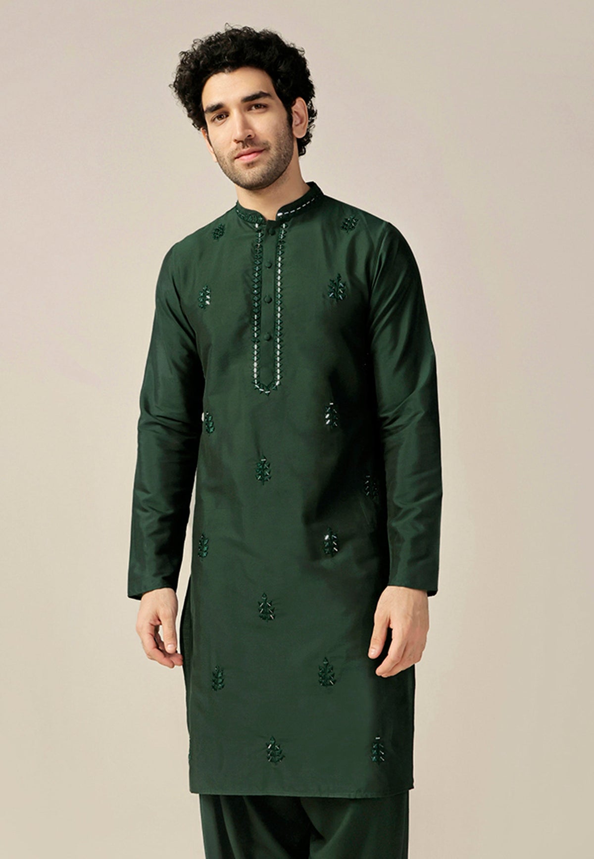 Dark Green Silk Blend Mirror Work Kurta