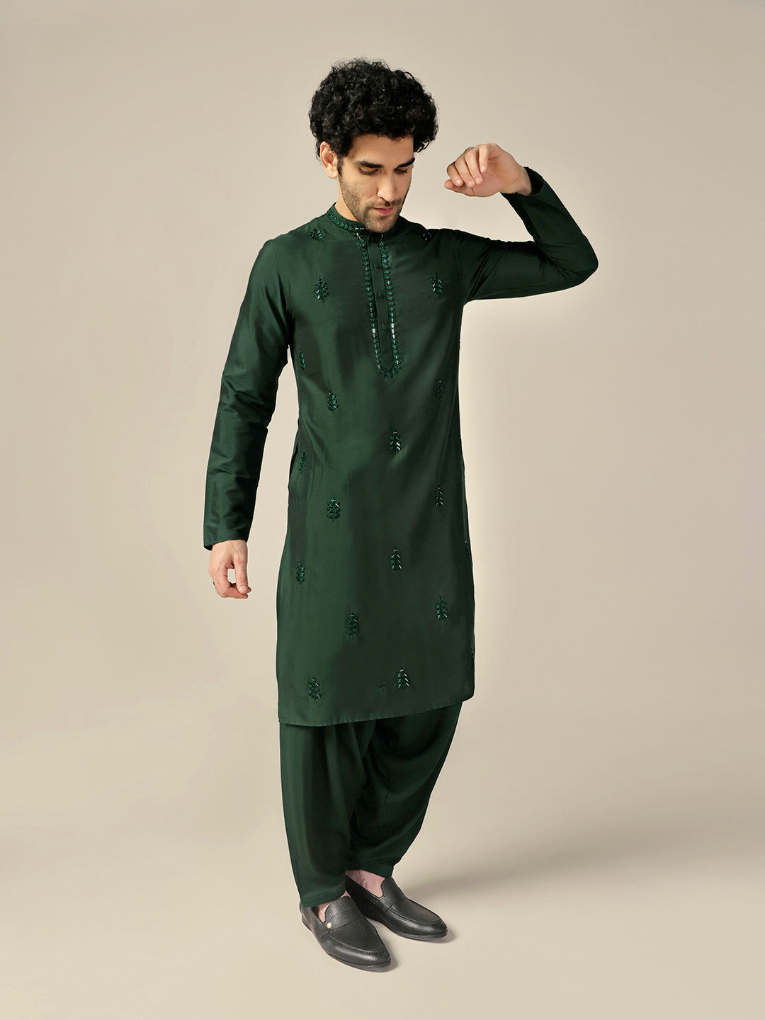 Dark Green Silk Blend Mirror Work Kurta