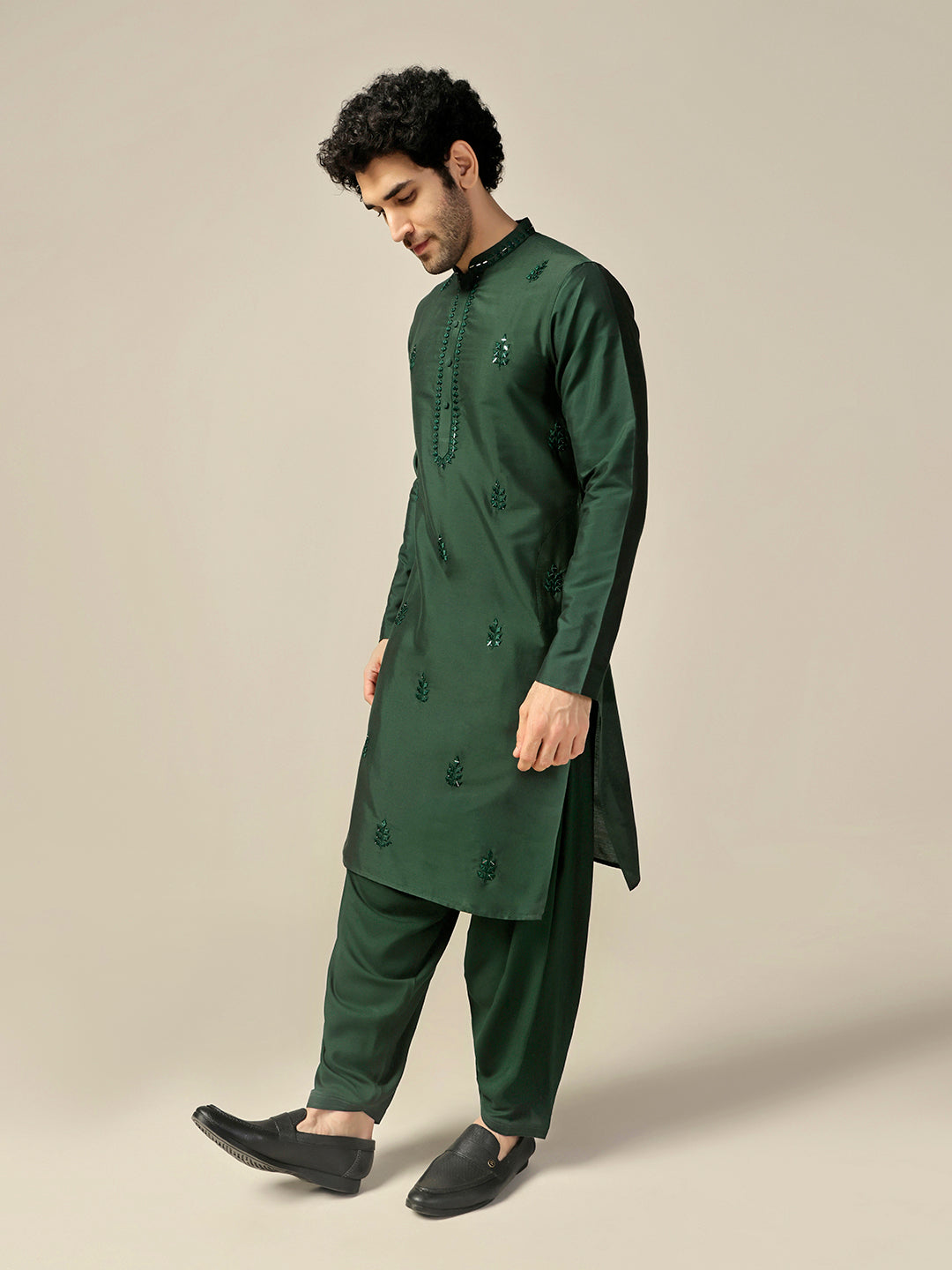Dark Green Silk Blend Mirror Work Kurta