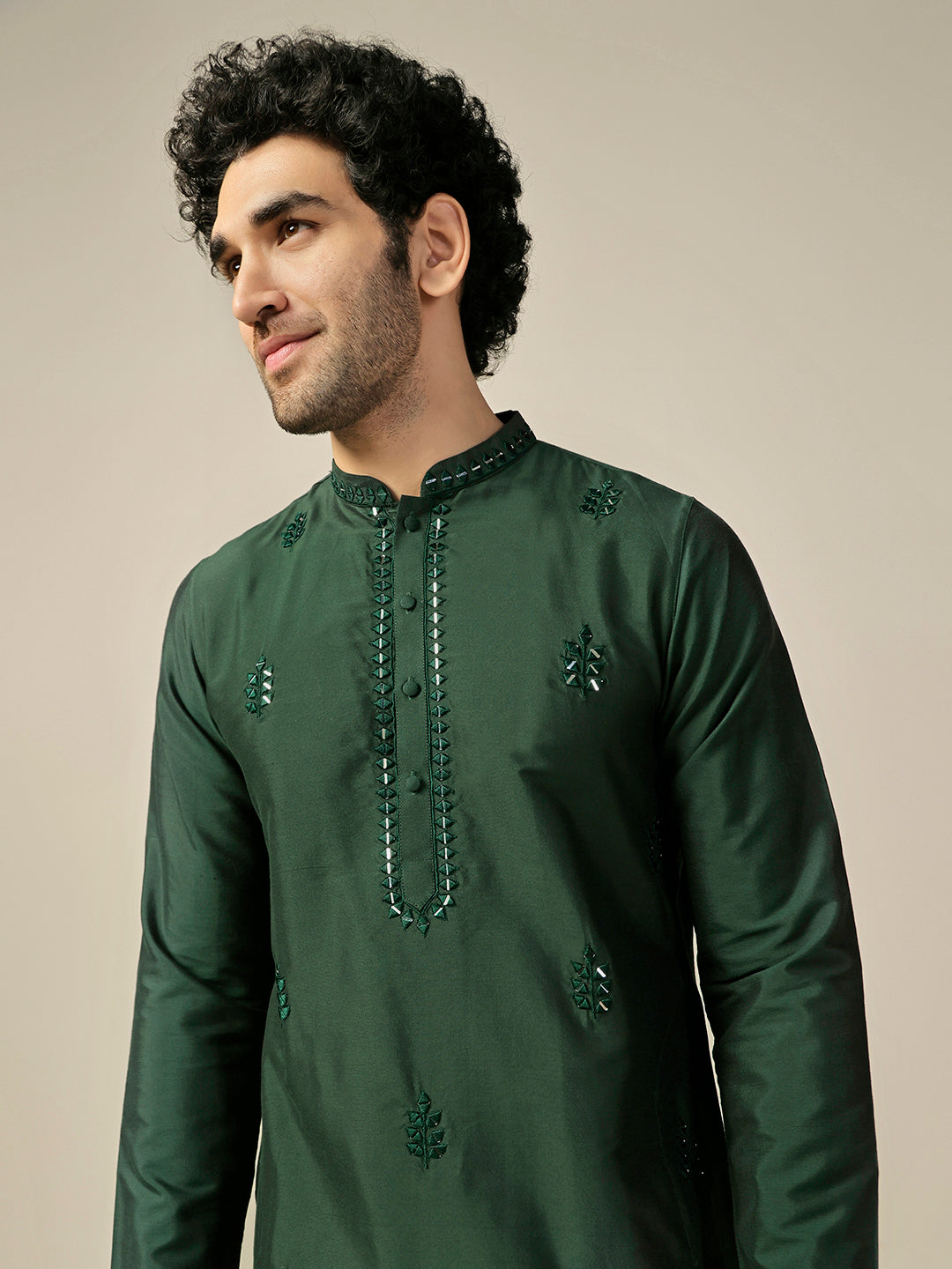 Dark Green Silk Blend Mirror Work Kurta