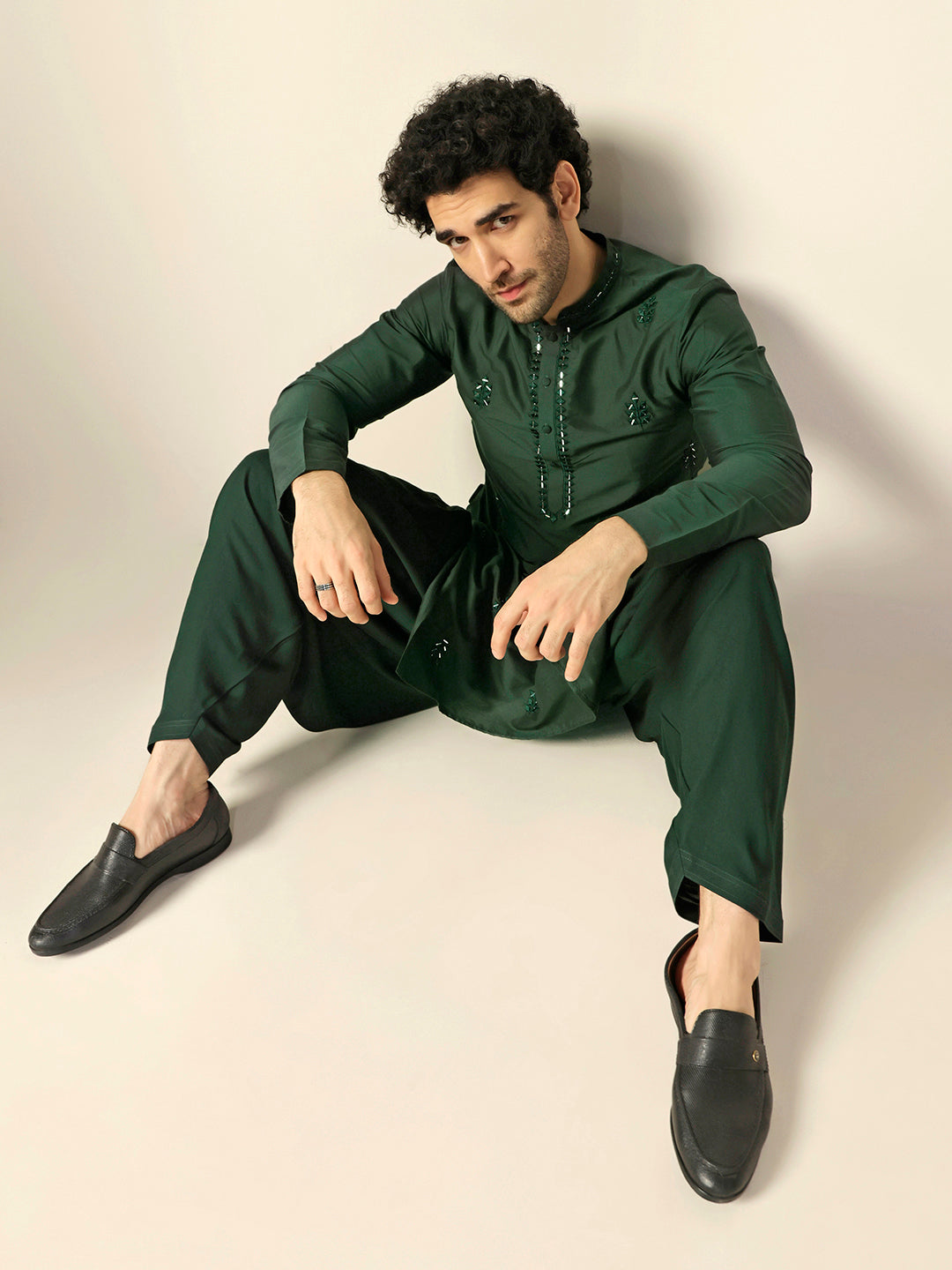 Dark Green Silk Blend Mirror Work Kurta