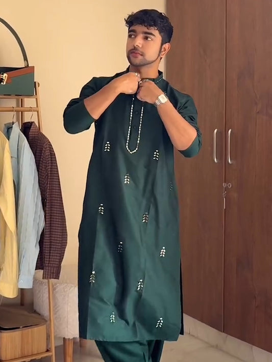 Dark Green Silk Blend Mirror Work Kurta
