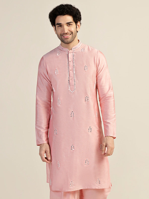 Baby Pink Silk Blend Mirror Work Kurta